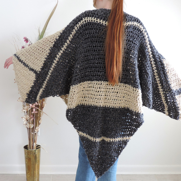 Crochet Black & Tan Striped Poncho - Picture 3 of 4
